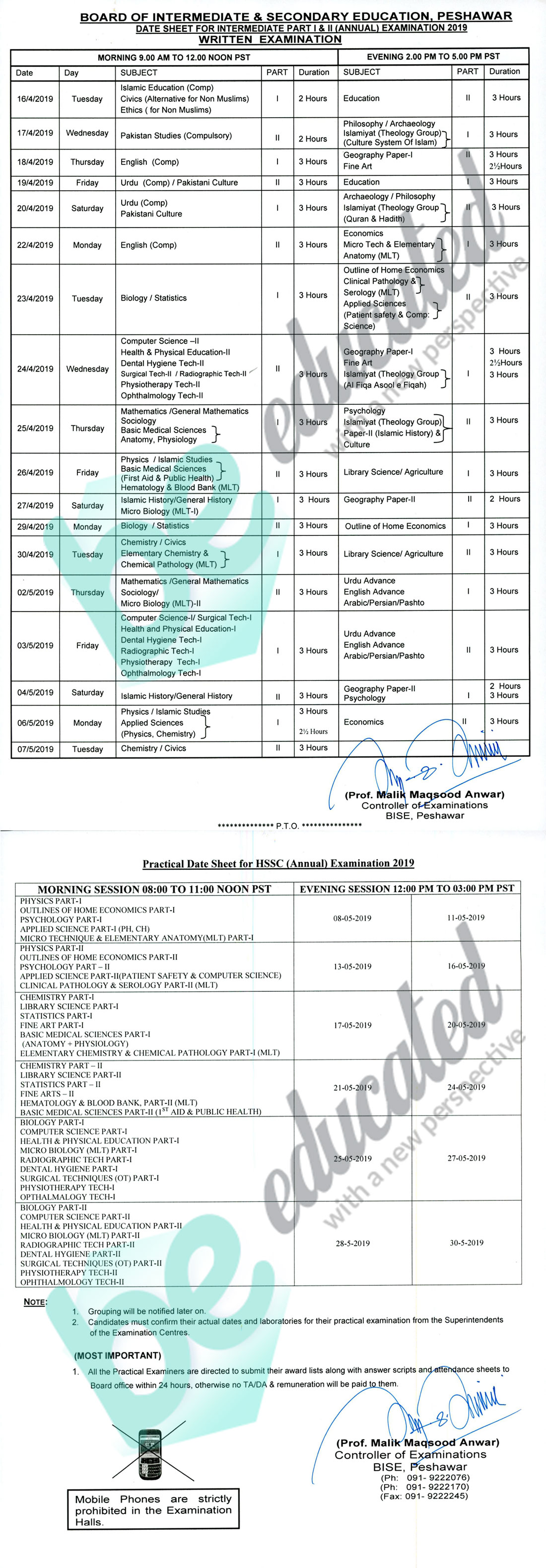 11th Class Date Sheet 2020 Peshawar Board FSc ICS FA Inter